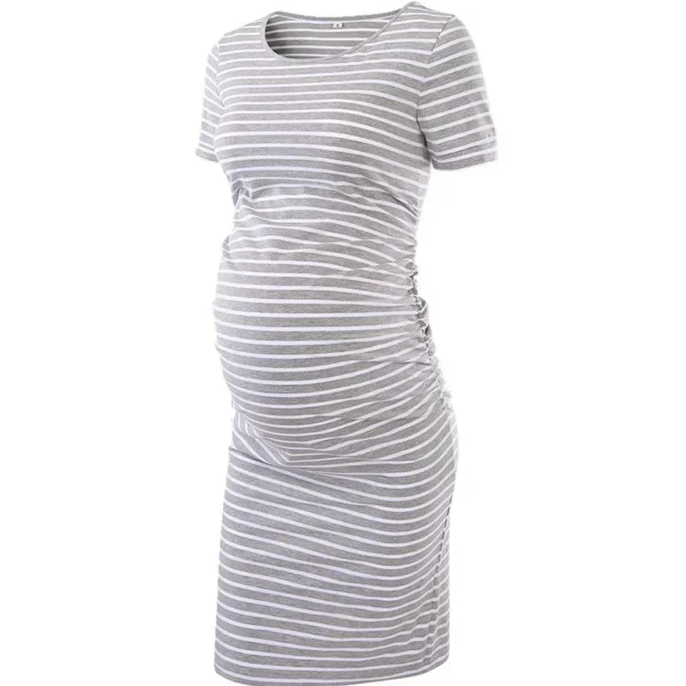 Maternity Dress 1512 Maternity Maxi Dress 2023 New Round Neck Short Sleeved Striped