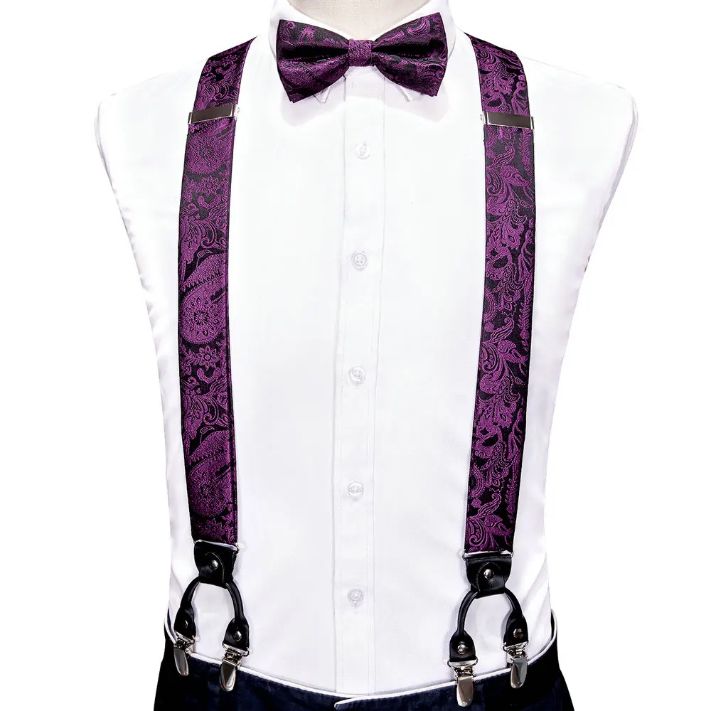 Suspenders For Men\'s Pants Exquisite Plum Purple Floral Silk Jacquard Pre-Bow Tie Handkerchief Cufflinks Set Barry.Wang Designer