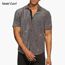 Streetwear Fashion Sequin Glitter Mens Shirts Short Sleeve Turn-down Collar Button-up Shirt Summer Men Vintage Solid Color Shirt