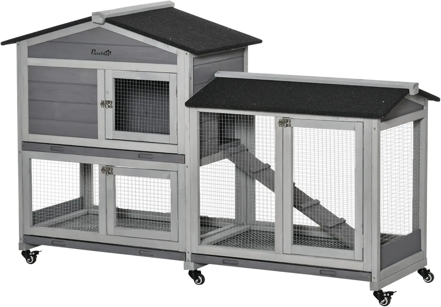 

62" Rabbit Hutch, Wooden Bunny Hutch, Guinea Pig Cage, Small Animal Enclosure w/ Wheels, Run Area, Removable Tray, Asphalt Roof