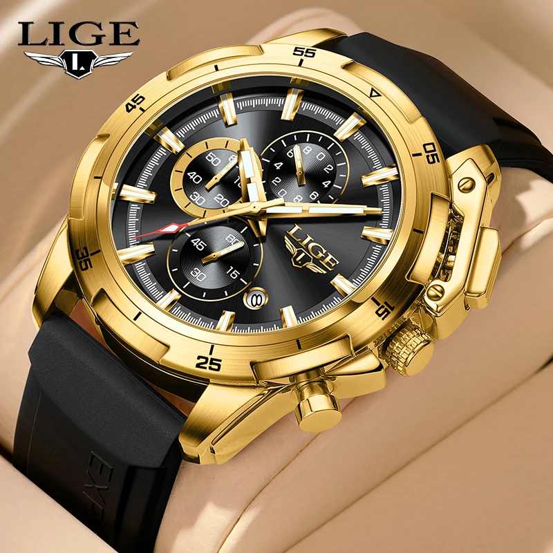 LIGE Fashion Gold Men Watches Luxury Quartz Wrist Watch Man Silicone Strap Chronograph Sport Waterproof Clock Relogios Masculino