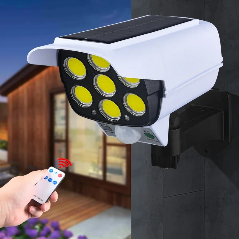 

3Modes Multi-angle Lighting Remote Control Solar Powered Simulation Monitoring Induction Wall Lamp with Red Light Warning for Co