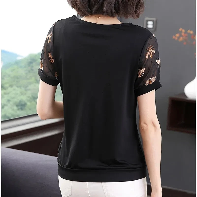 Summer Women\'s Clothing Crew Neck Pullover Lantern Short Sleeve Rivet Printing Lace Patchwork T-shirt Casual Elegant Tops