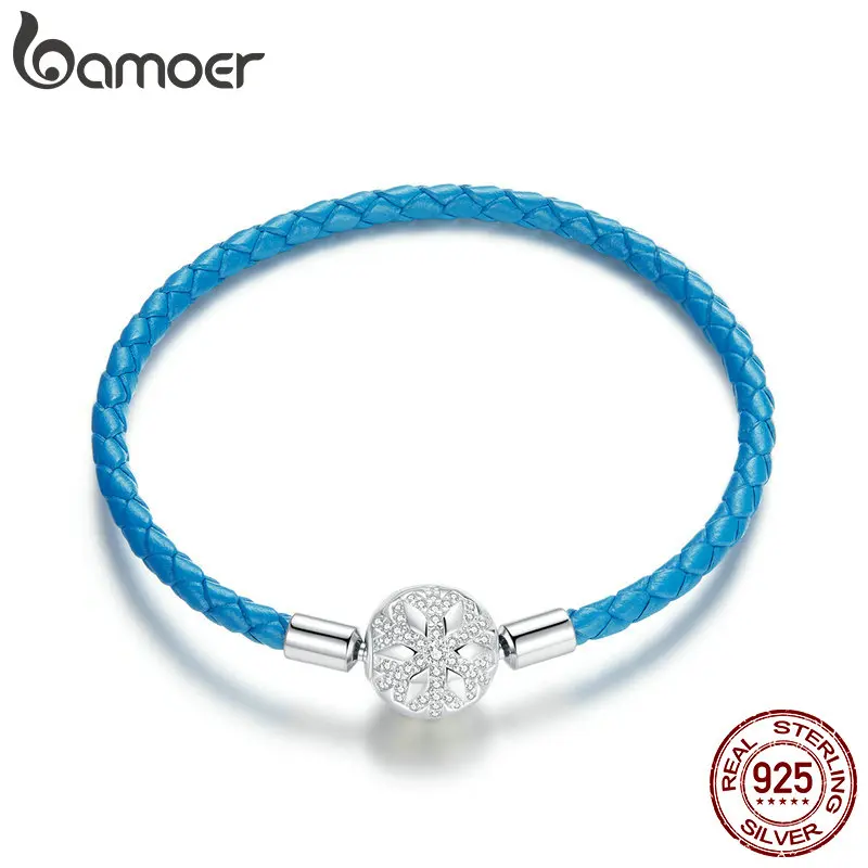

Bamoer 925 Стерлинговое Серебро Snowflke клипса с синим кожаным браслетом Для Подвески DIY браслет ювелирные изделия SCB196