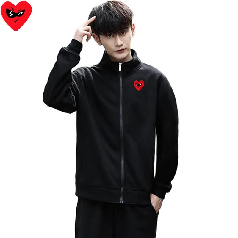 Break Egg Men Jacket Cool Red Glasses Heart Embroidery Merry Christmas Print Cotton Lapel Zipper Pocket Fleece Fit Autumn Hoodie