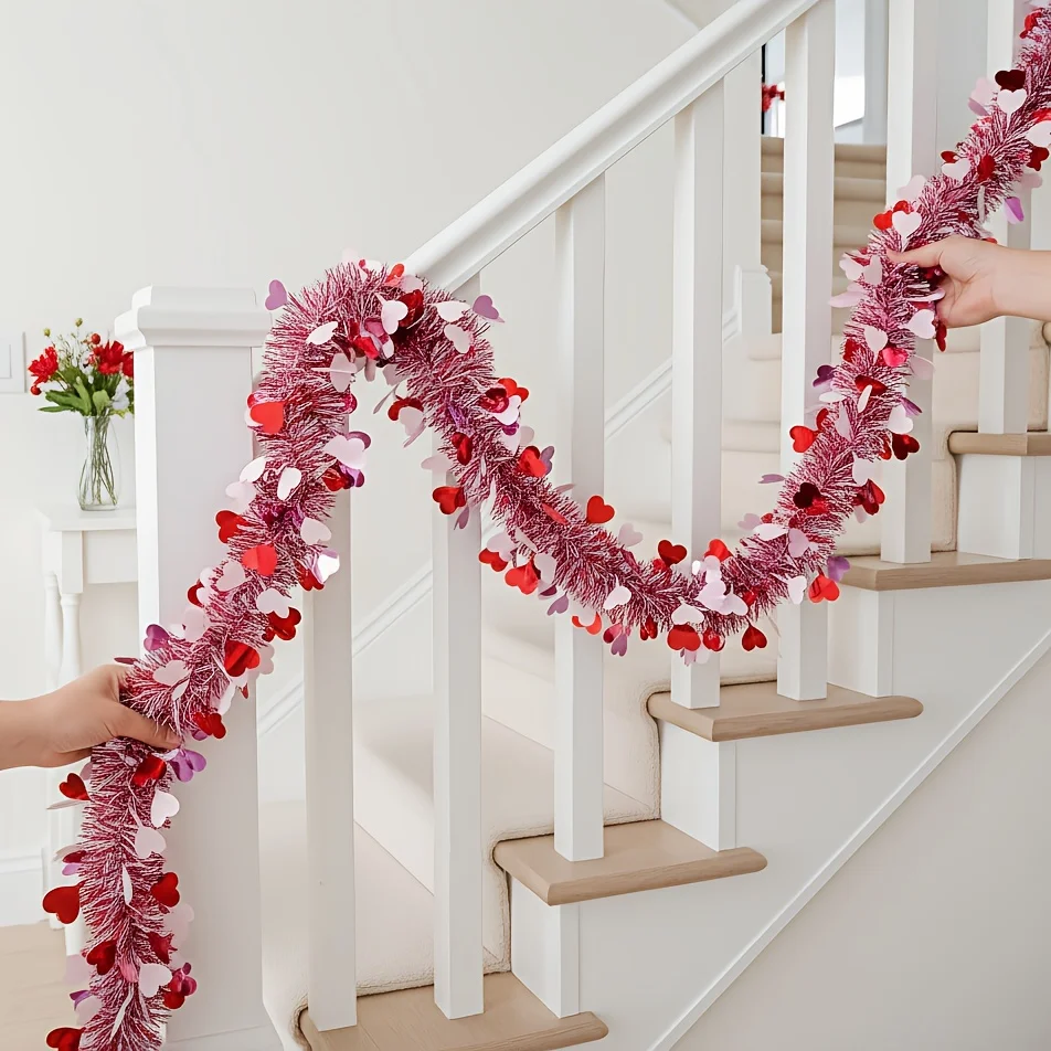 2Pcs Total 400cm/157inch Valentines Heart Tinsel Garland  for Indoor Outdoor Holiday Wall Tree Wedding Party Home Ornaments Even