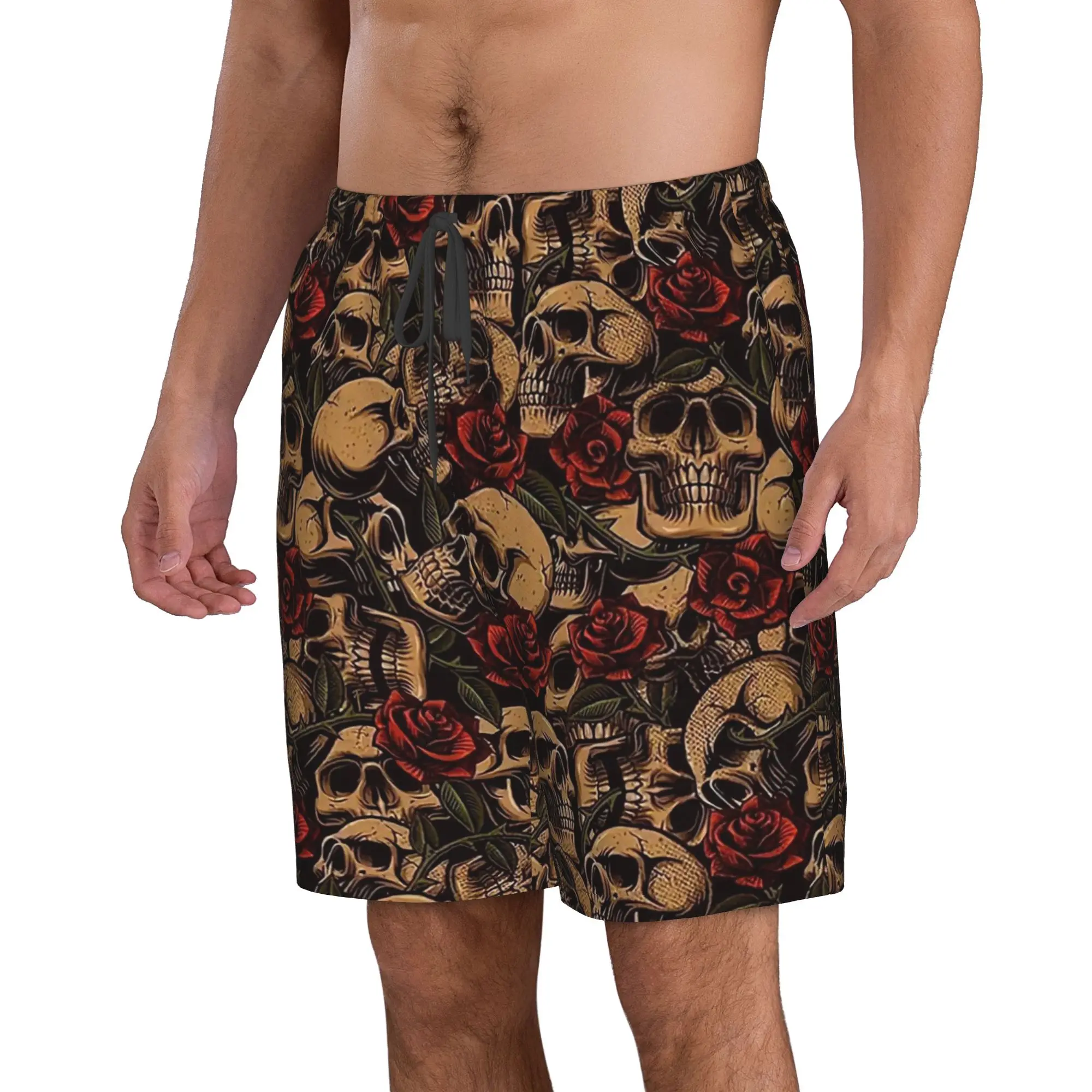 Skulls & Roses Pattern Trunks Beach Board Shorts Casual Quick Dry Swim Summer Men Pants
