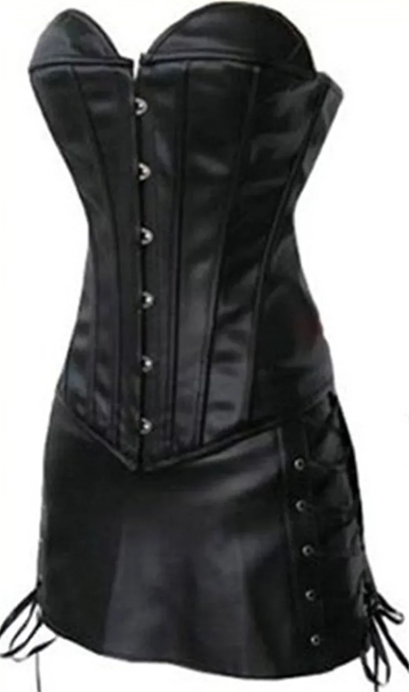 Sapubonva Leather Corset Bustier Dress Skirt Set Steampunk Victorian Sexy Gothic Clothing Women Burlesque Pirate Plus Size