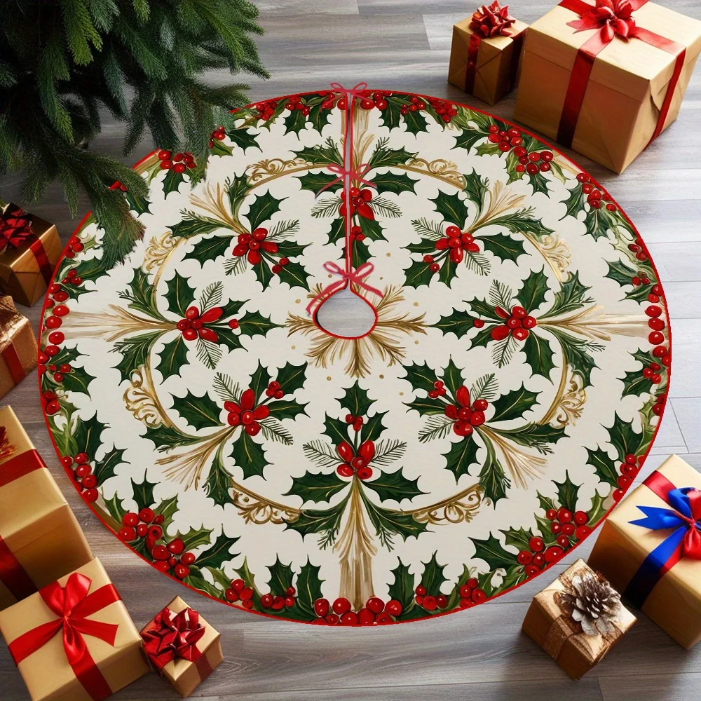 VIKAMA Holly Berry Christmas Tree Skirt,Round Non‑Slip Floor Mat,Green Leaf Red Berries Vintage Xmas Carpet Holiday Home Decor