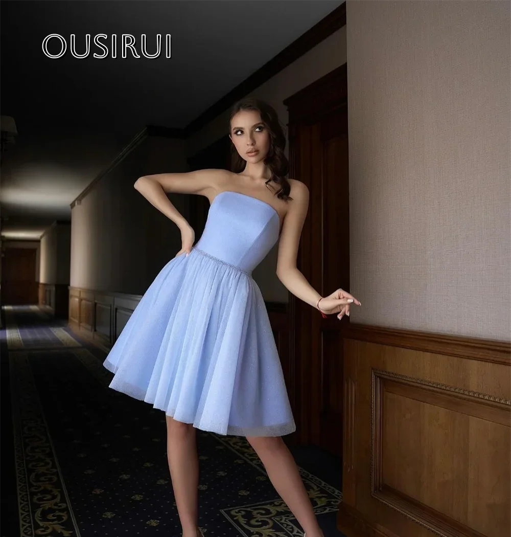 Glanzende sprankelende korte strapless a-lijn cocktailjurken met veters en afneembare pofmouwen Op maat gemaakte vestidos de festa