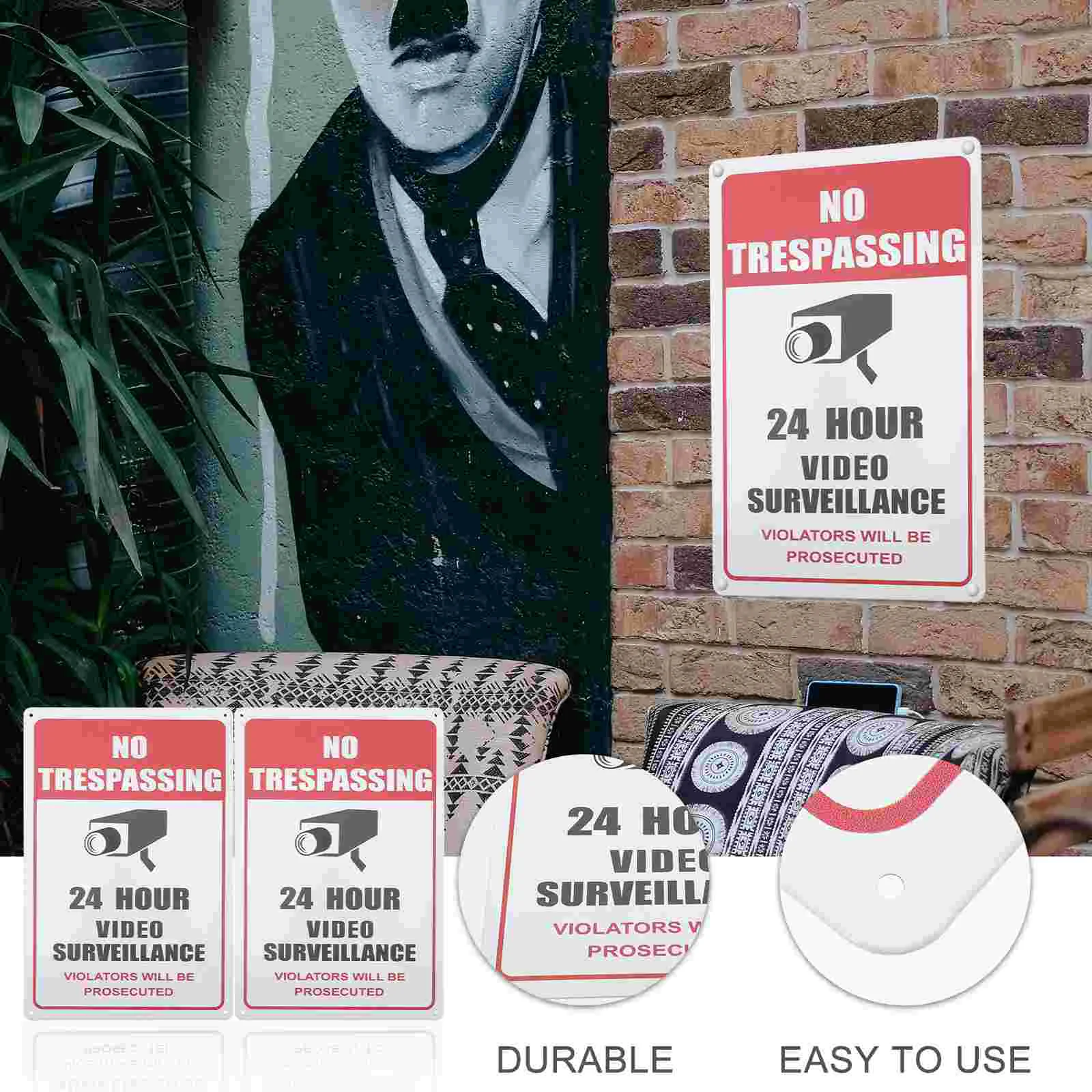 2 Pcs Rectangle Sign Monitoring Wall Tinplate Caution Decals Security Camera Signboard