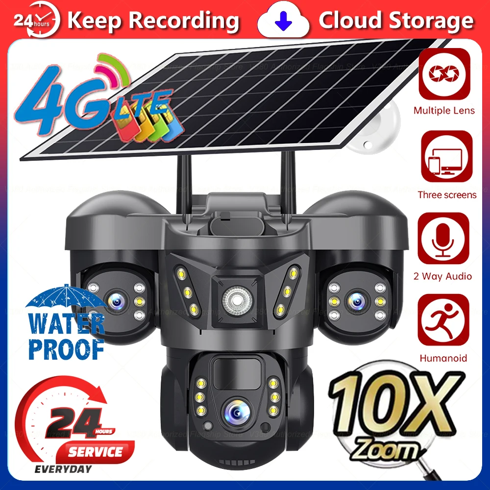 

Камера видеонаблюдения V380 Pro 4G на солнечной энергии с SIM-картой в подарок, обнаружение человека на 100 м, беспроводная, двусторонняя аудиосвязь, PTZ, удаленное управление, IP-камера