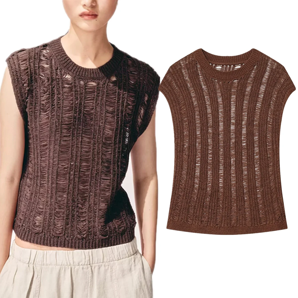 

Dave&Di French Office Ladies Lazy Knitted Yarn Loose Top Minimalist Coffee Color Casual Sleeveless T-shirt Women Pullover