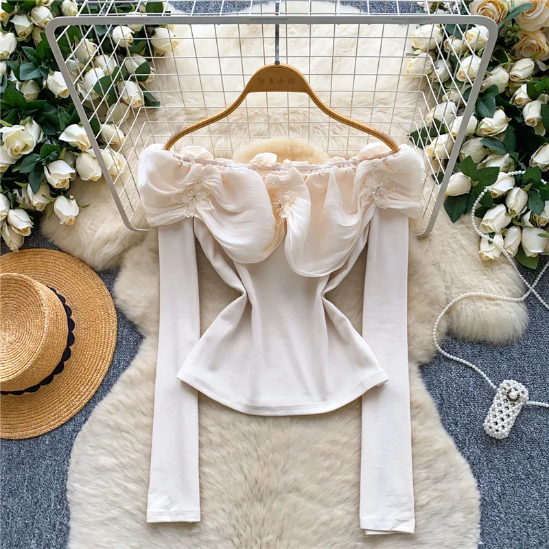 甘辛ガール パープル フリル スラッシュネック Tシャツ 秋冬新作 ファッション 長袖 オフショルダー トップス ブラック インナーシャツ