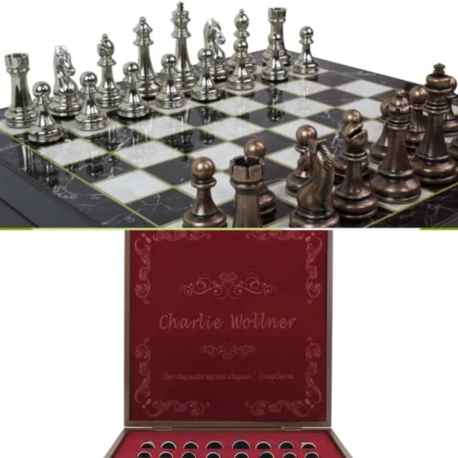 

8 Inches Personalized Chess Set with Custom Boxed Board and Metal Figures in Black and White - Perfect Gift for Birthday Annive
