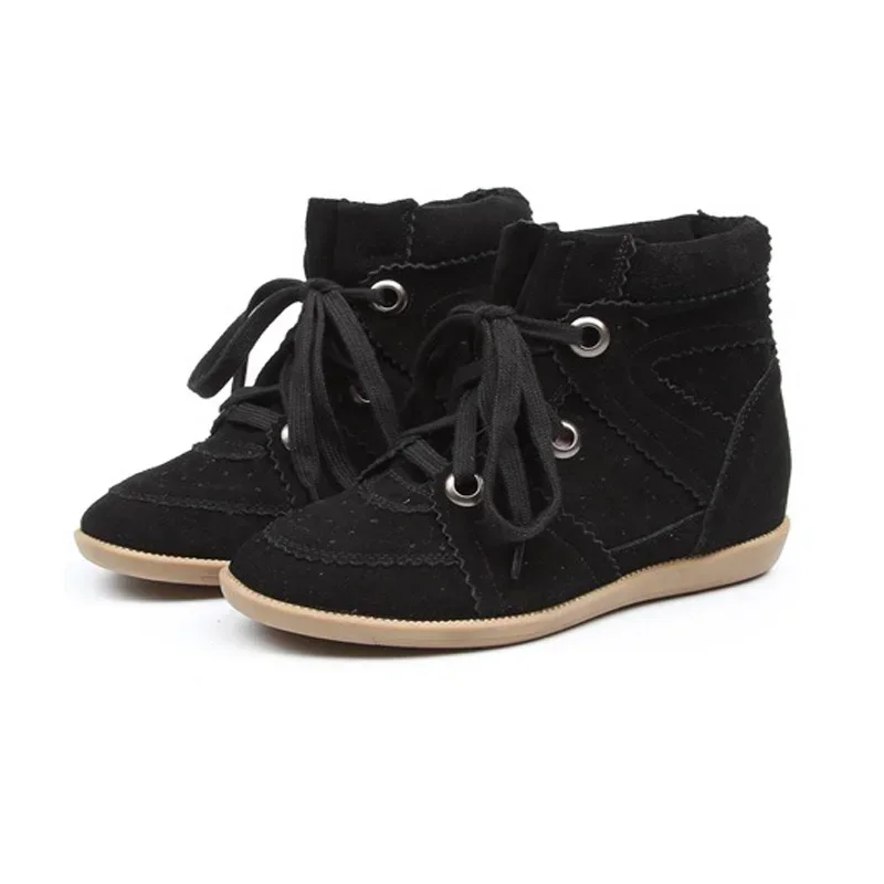 Zapatos de bota de cuero para mujer con tacón interior aumentado de 5,5 CM, zapatillas de deporte de estilo callejero europeo de terciopelo con cordones, zapatos vulcanizados