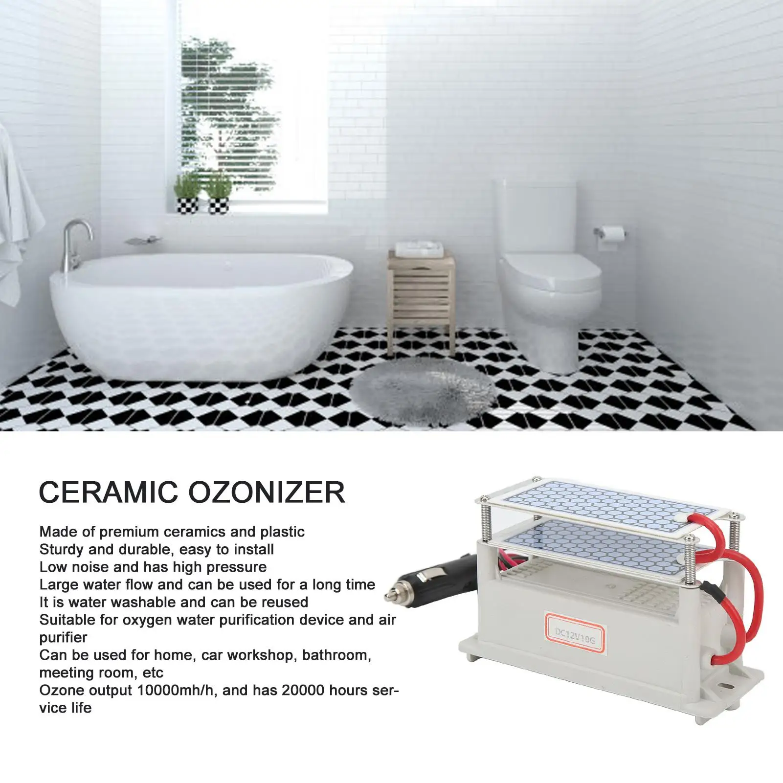 DC12V 10000mg/h Ceramic Ozone Machine Ozonizer - Washable & Reusable for home Use