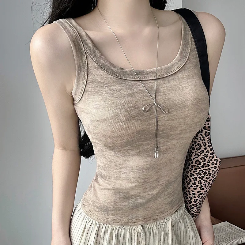 Women Sleeveless Vest Square Neck Viscose Slim Fit Watermark Print Macaron Color Summer Thin Inner Outer Wear T Shirt Top