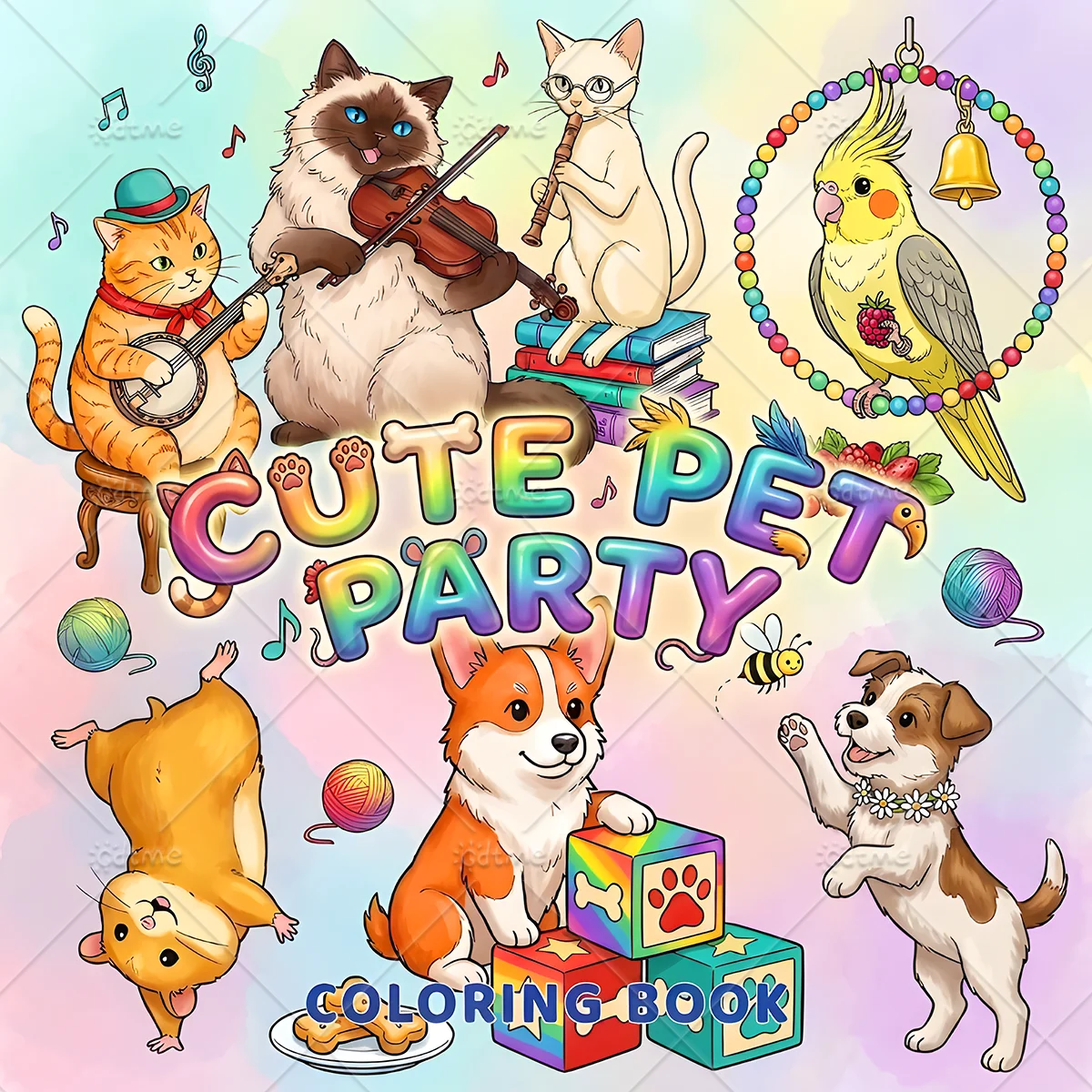 Cute Pet Party Coloring Book Adorable Cats Dogs Parrots Hamsters Stress Relief Colouring Pages for Adults Teens Relaxation Gift