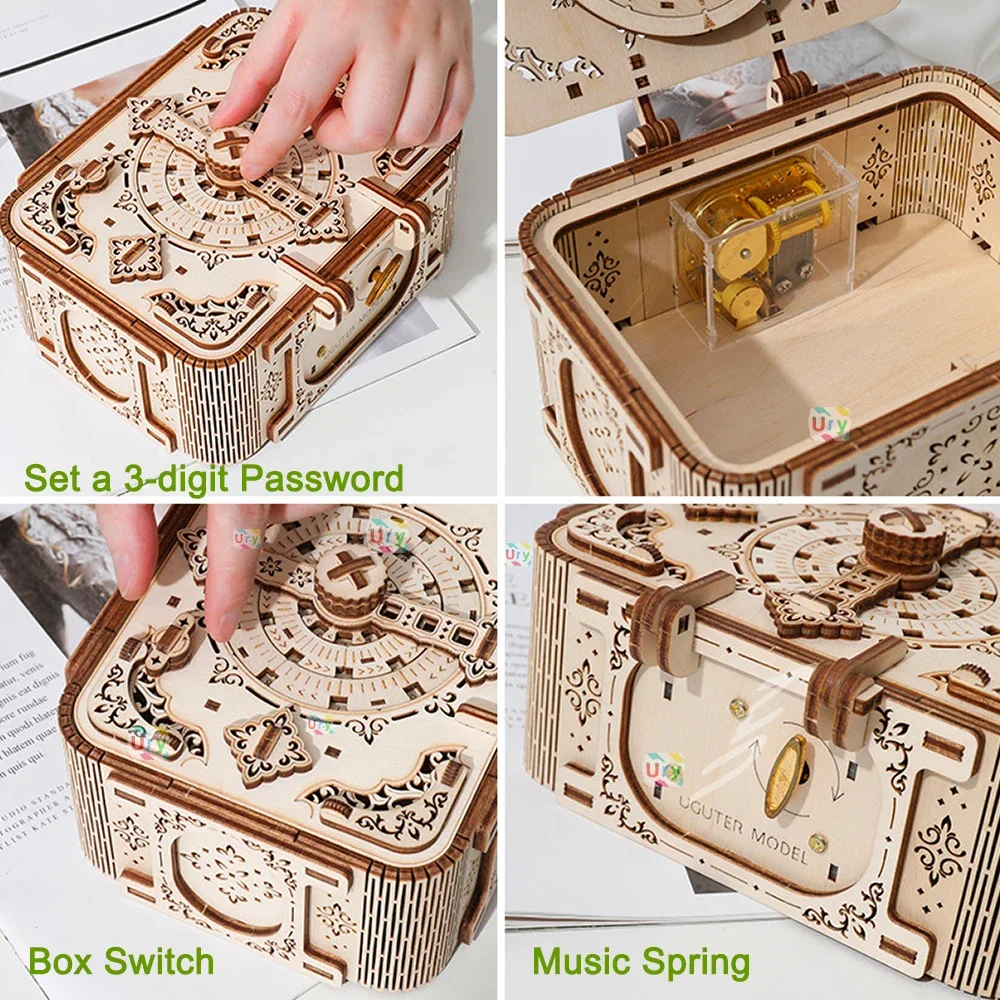 URY 3D Wooden Puzzle Music Antique Password Treasure Box Lockbox DIY Advanced Assembly Model Toys Creative Gift for Lady Girls