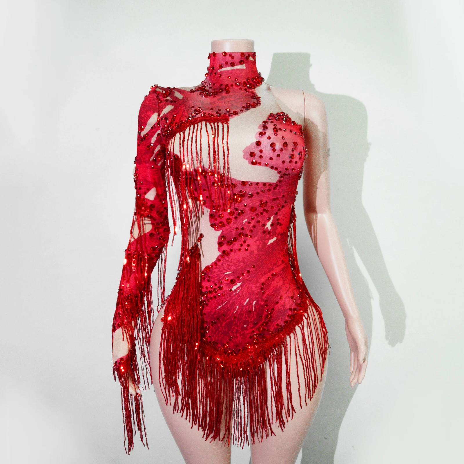 Sexy tight jumpsuit, stage costume for singers and dancers, shiny red rhinestone women's dance costume, tassel one-shoulder jump