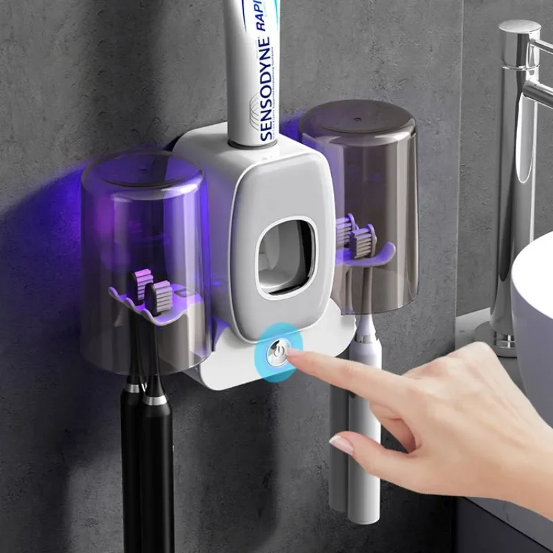 uv-紫外線歯ブラシ滅菌ホルダーセット-カップ歯磨き粉絞り器付き-壁掛け歯ブラシ滅菌収納ラック