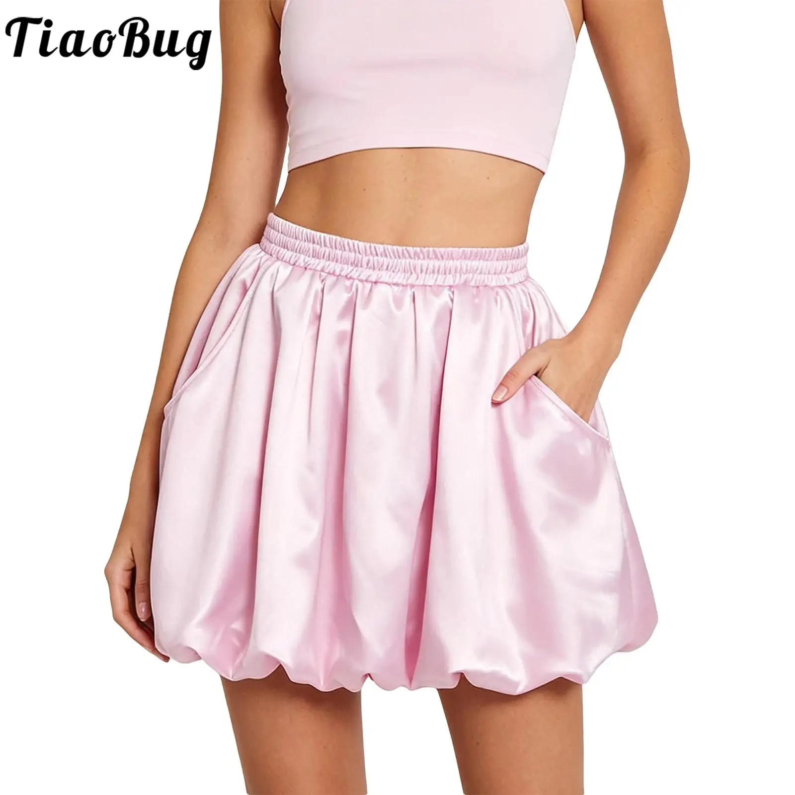 Women Satin Bubble Skirt Elastic Waistband Pockets Miniskirt for Casual Daily Life Club Date Concert Rave Party Music Festival