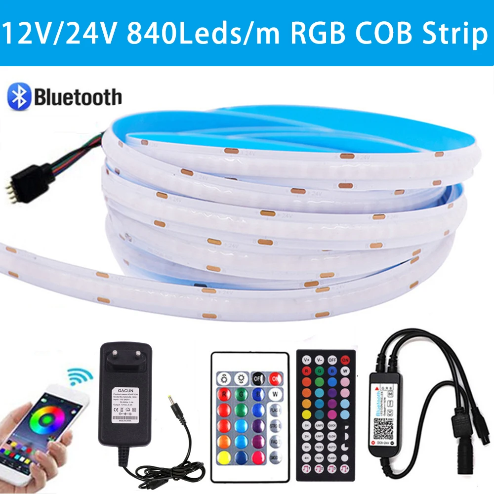 RGB COB Led Strip 12V 24V Super Bright 840LEDs/m Bluetooth App Remote Control 10mm PCB Width LED COB Strip Luminous Decoration