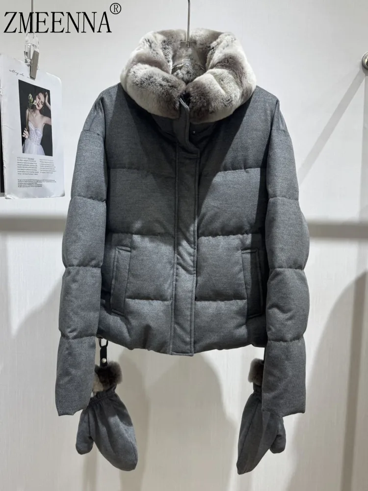 

ZMEENNA Women's Grey Puffer Coat With Detachable Mittens Luxurious Faux Fur Collar Warm And Short Winter Jacket ZM3988