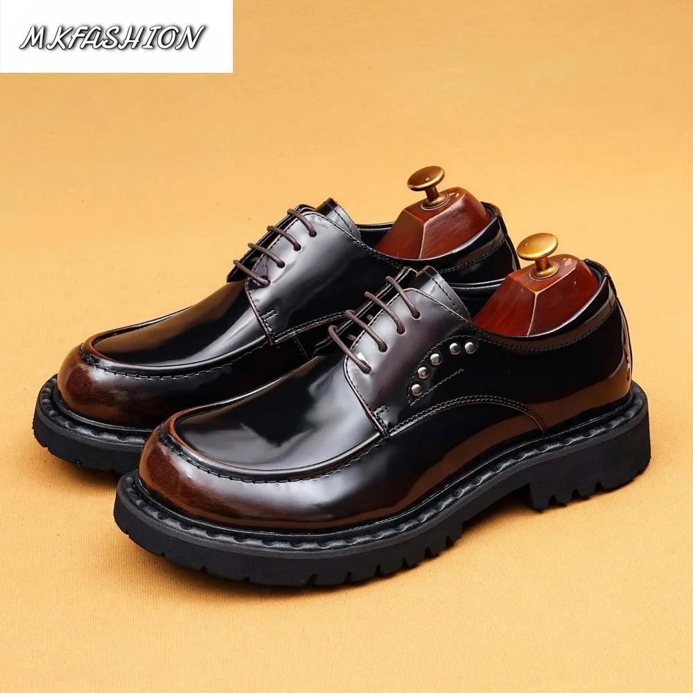 Men's Genuine Leather Thick soled Big Round Toe Lace Up Flats Business Formal Shoes Male Footwear