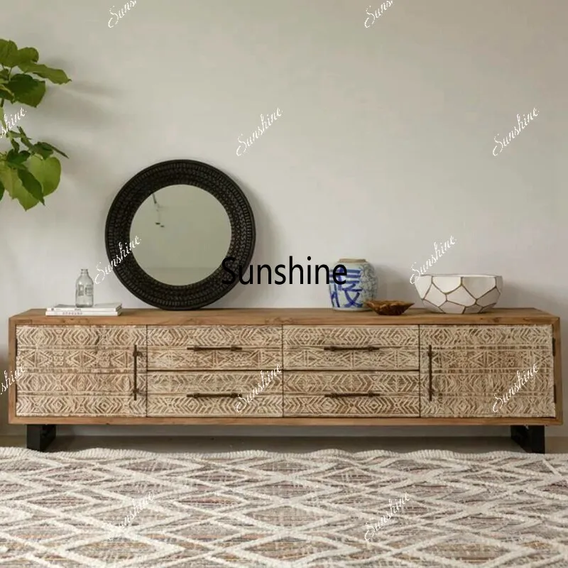 Medieval silent wind solid wood retro carved TV cabinet