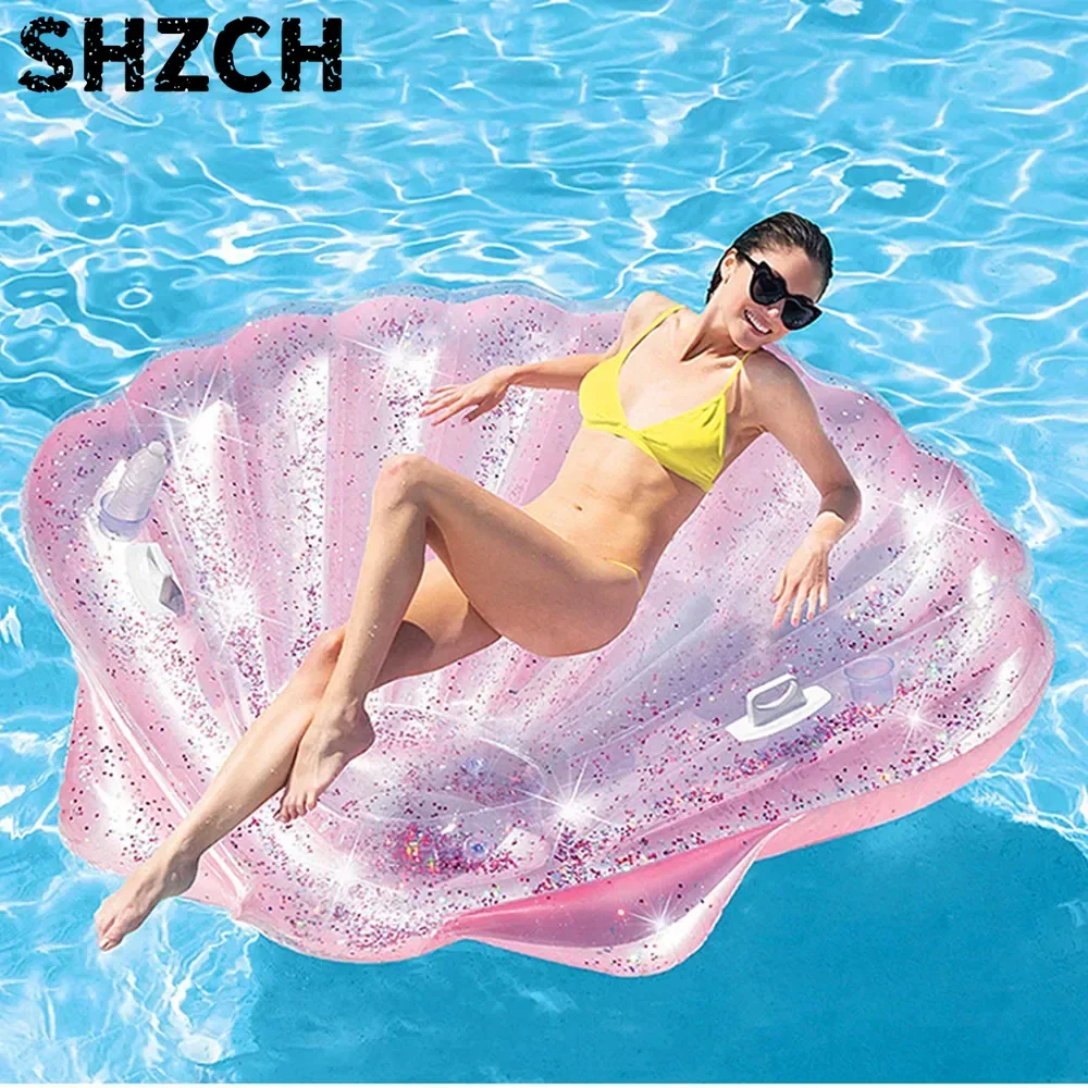 Shell Floating Bed Pink Sequins Swimming Pool Beach Inflatable Floating Row Swimming Ring Beach Party Pools Heater Outdoor Pools
