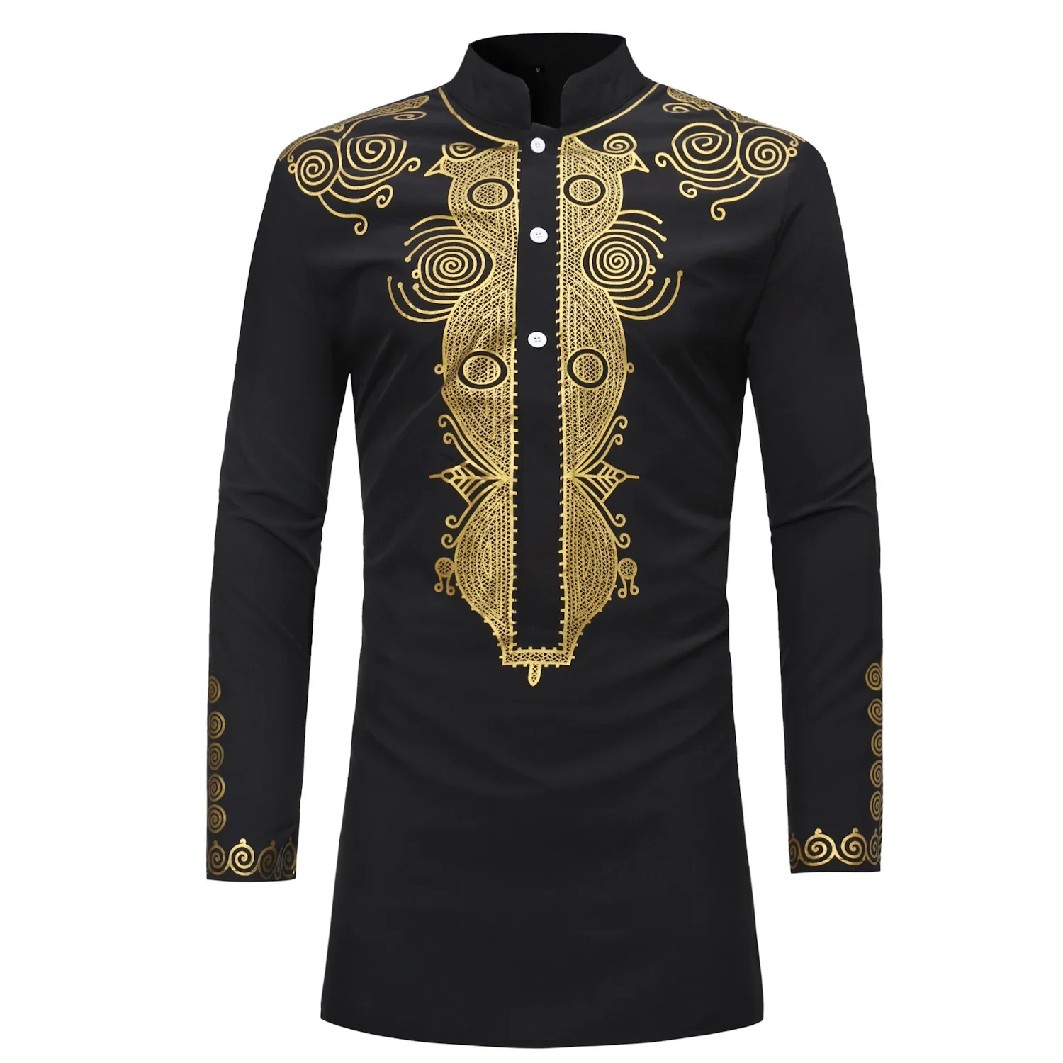 Stand Collar Muslim Shirt Men Clothes Folk Kaftan Musulman Kurta Indian Islamic Clothing National Printed Long Sleeve Shirts