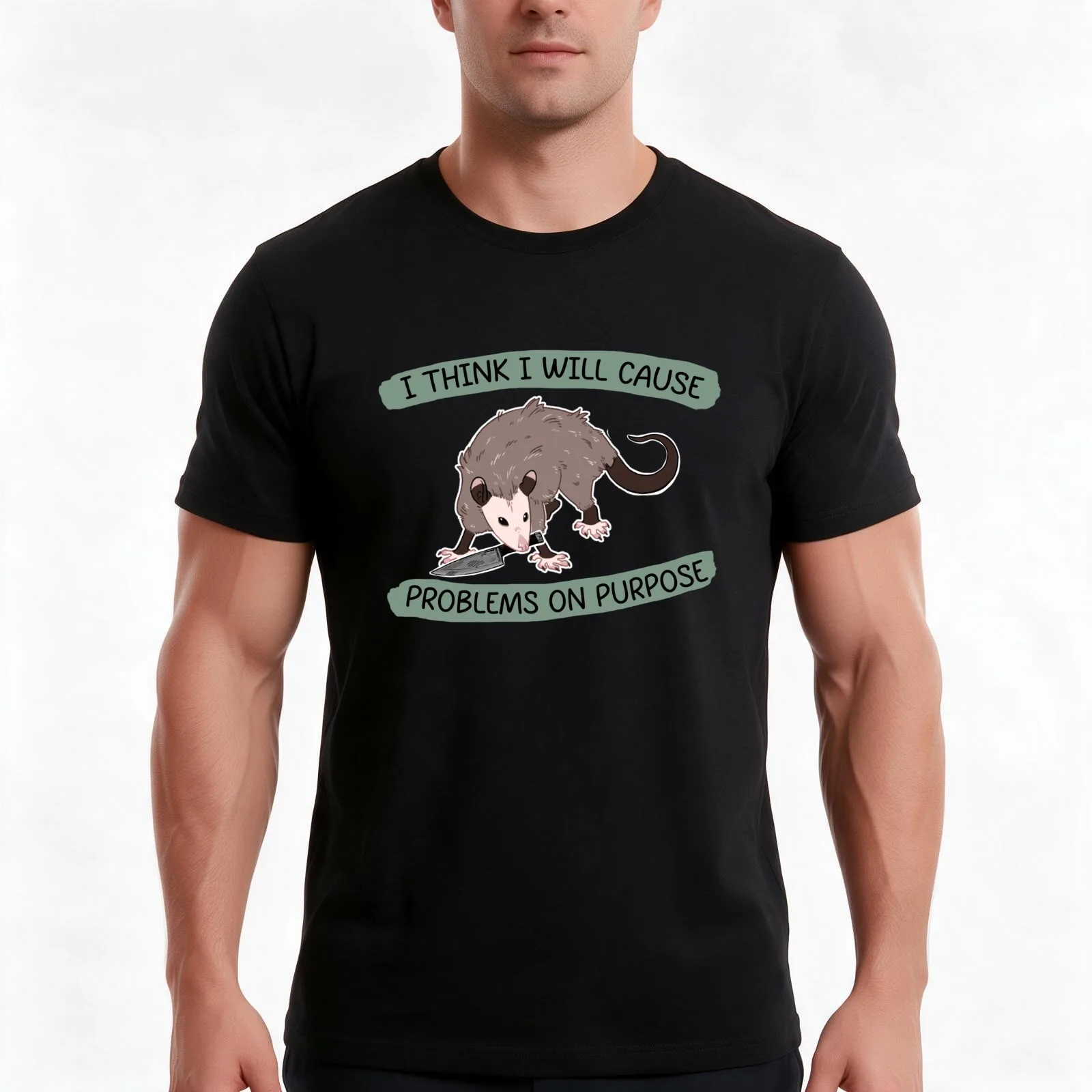 Rebellious Possum funny quotes knife stickers T-Shirt, Summer Casual Cotton Tee, Oversized Streetwear Tops, Unisex Men Women