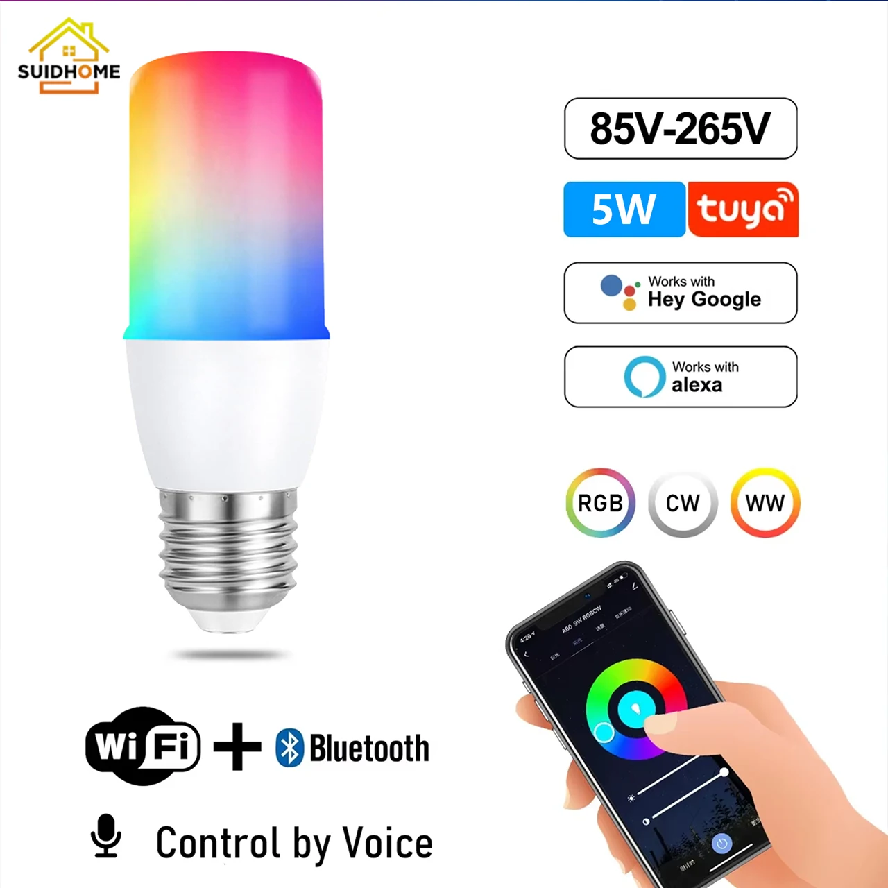 

1 шт., умная лампочка с голосовым управлением, Wi-Fi, Bluetooth, RGBCW, с регулируемой яркостью T37, светодиодная волшебная лампа переменного тока 85-265 В, работает с Alexa и Google Home