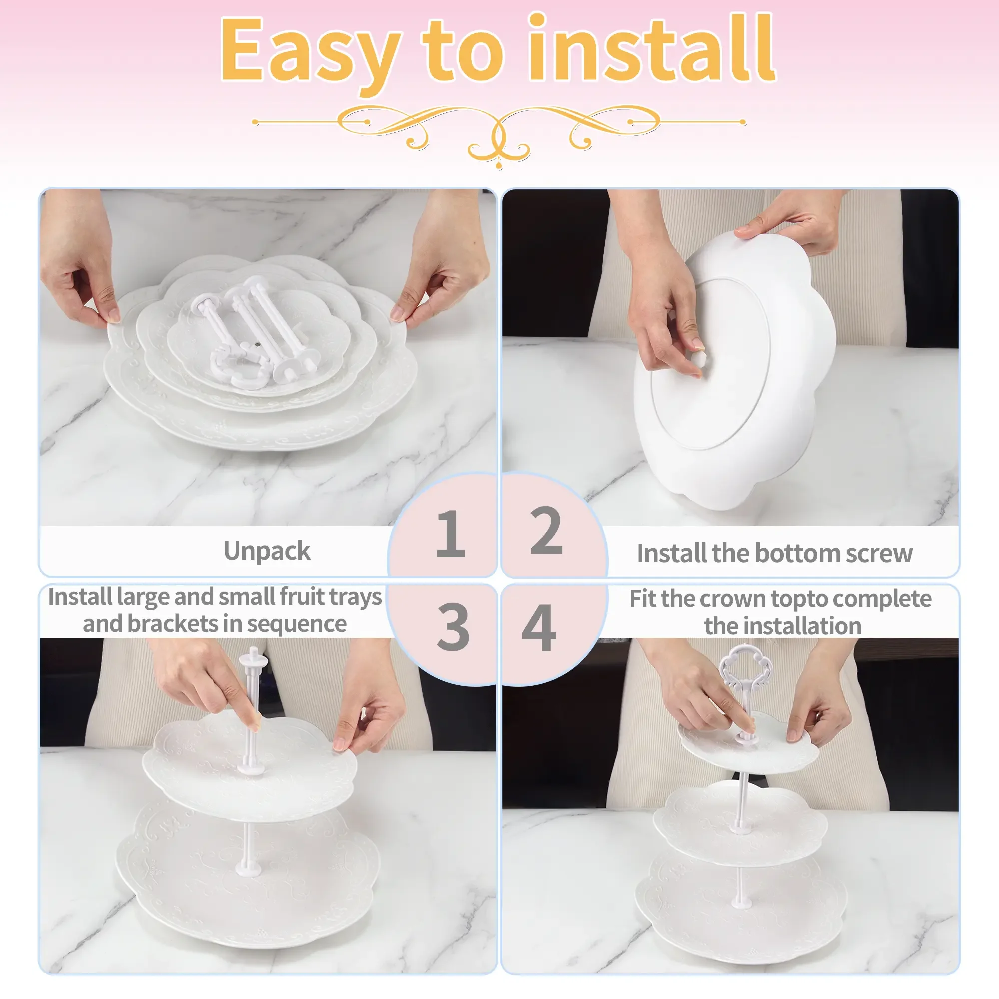 Cupcake Stand Set, 6 Pc, 3 Tier 2 Tier, Round Rectangular, White Plastic, Tension Mount, for Party Kitchen Storage