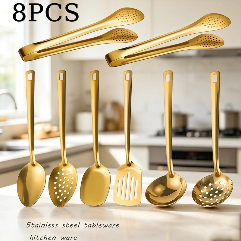 8pcs gold square handle serving utensils, stainless steel public serving spoons and forks, buffet banquet kitchen tableware.