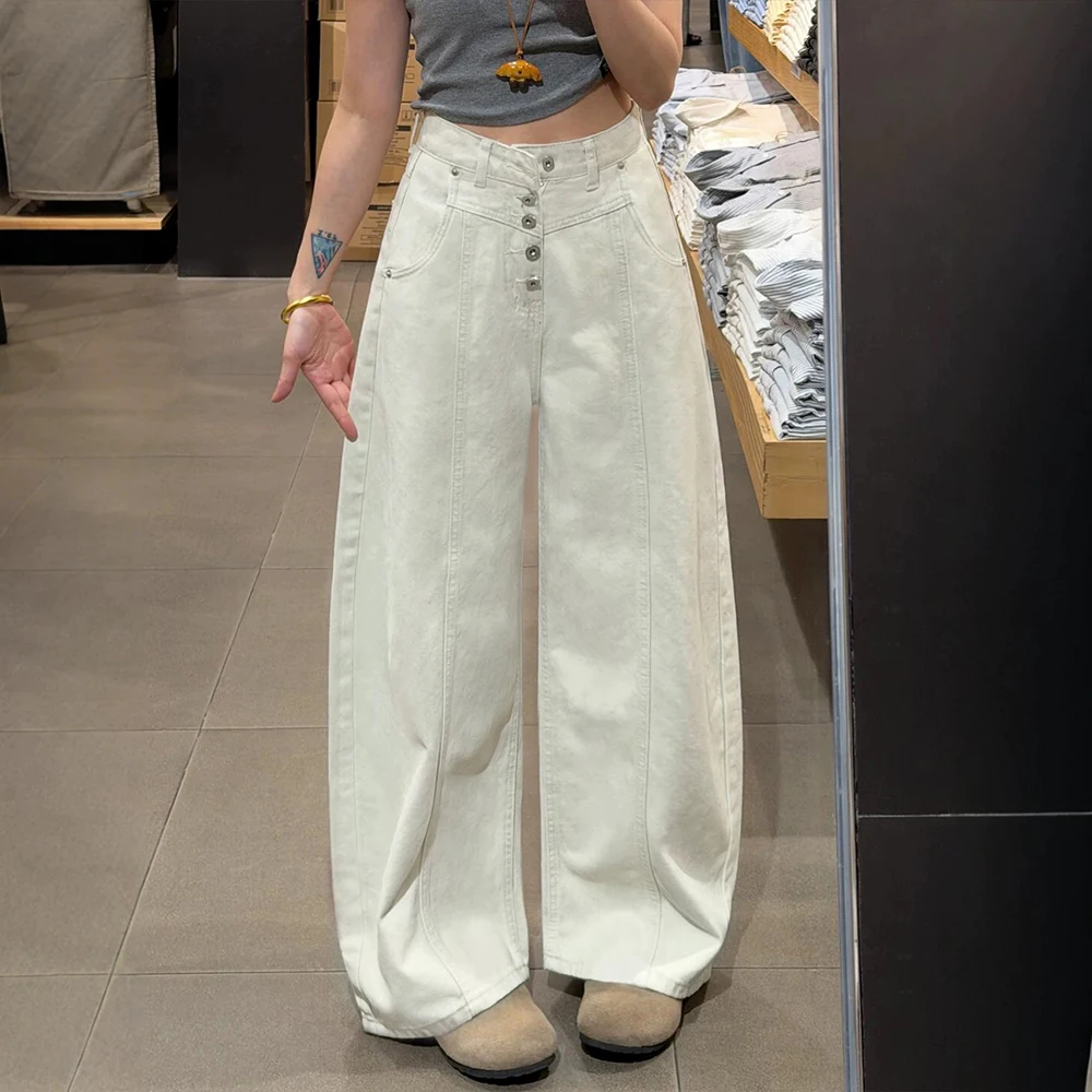 American Style White Denim Pants for Women High Waist Single-Breasted Design Loose Jeans Casual Straight Wide Leg Pants