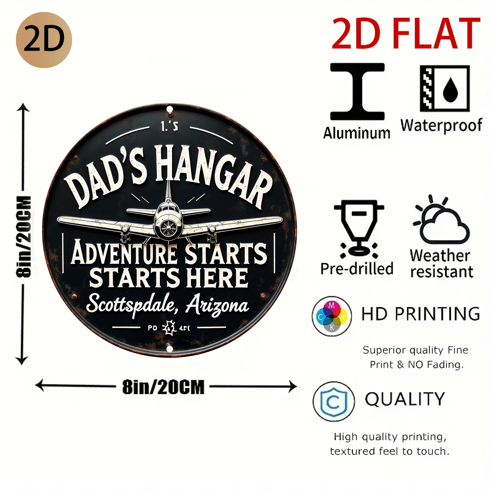 2D plane Circular metal sign vintage aircraft themed design dad related hangar art adventure inspired decoration suitable for ho