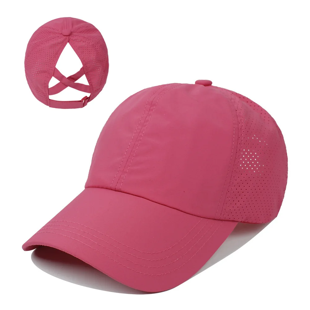 Gorra de béisbol de secado rápido de color sólido de verano para mujer, sombrero para el sol de malla con cola de caballo cruzada informal para deportes al aire libre