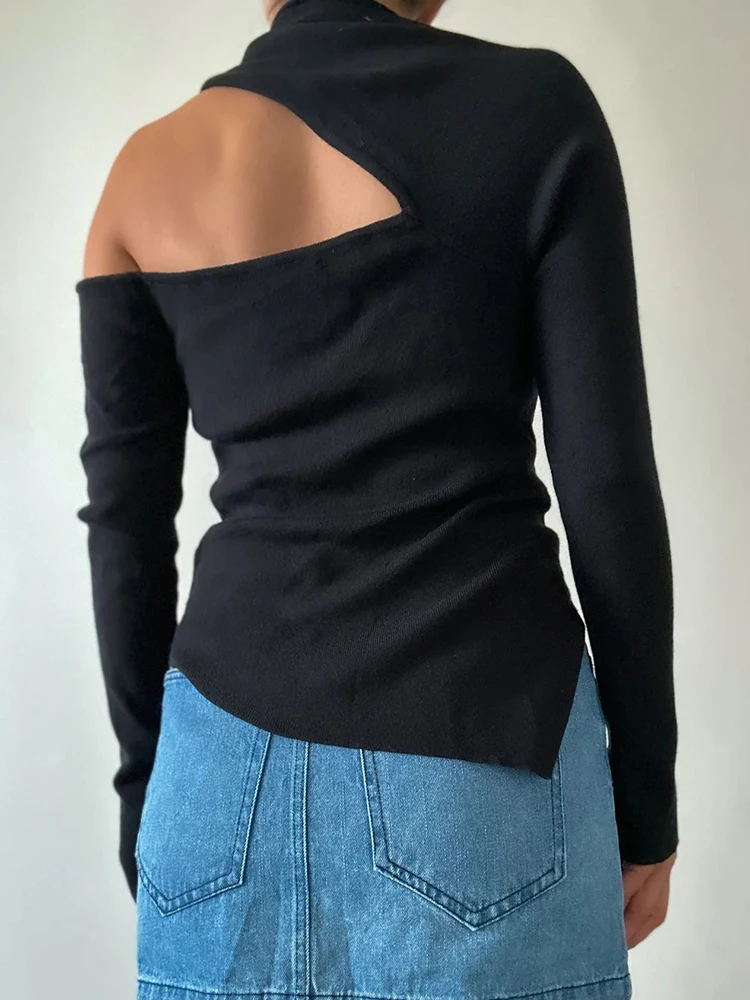 VGH Irregular Solid Hollow Out Slimming Sweaters For Women Diagonal Collar Long Sleeve Minimalist Pullover Sweater Female New