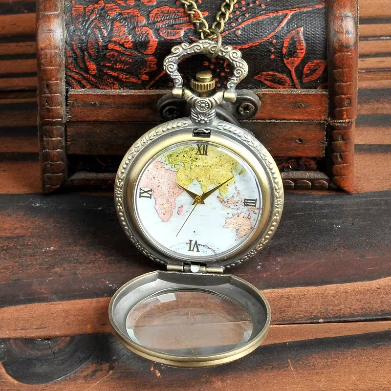 9015Fashion Good Quality Quartz Watch Necklace Vintage Bronze World Map Transparent Glass Pocket Watch