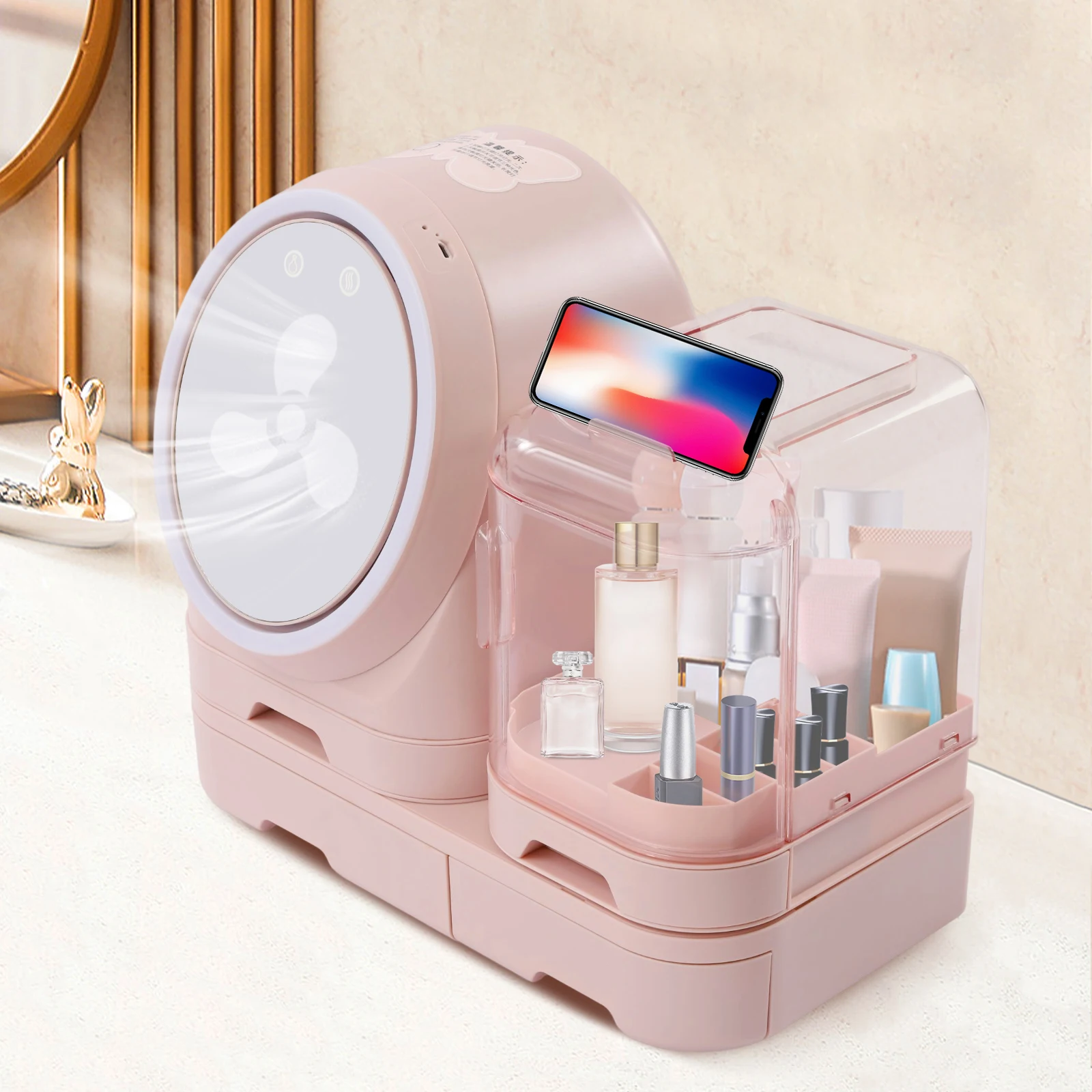 Caja de almacenamiento de cosméticos de escritorio, estuche de belleza de joyería de maquillaje con espejo, luz Led rosa