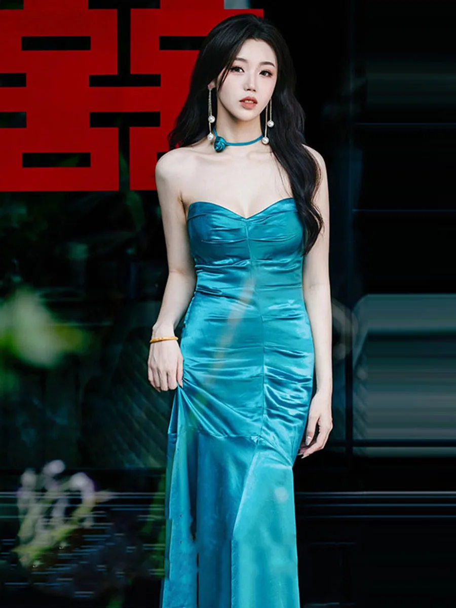 

Blue Satin Sexy Wrap Chest Dr Women's Ele Long Dr for Wedding Par Performance High Waist Slim Fit No Sve