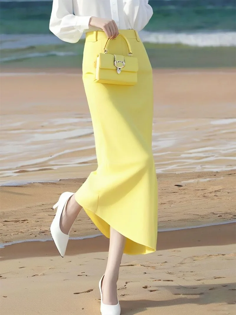 ใหม่แฟชั่นฤดูร้อนกระโปรงผู้หญิง High End Slim Office Lady A-Line สีทึบเอวสูง Midi กระโปรงผู้หญิงเสื้อผ้า Jupe