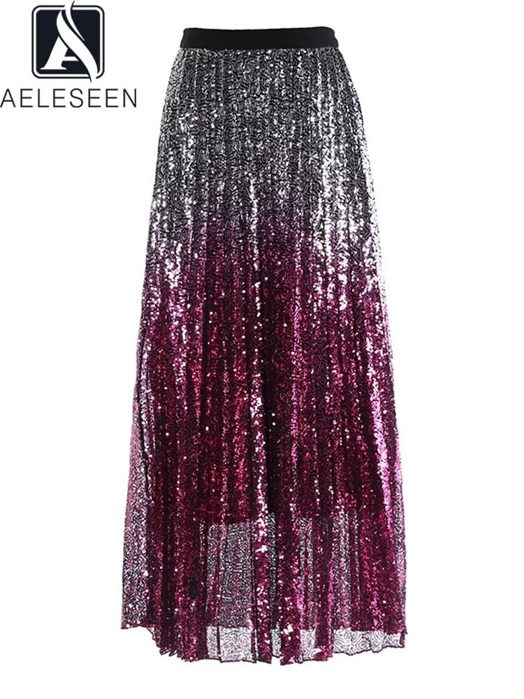 

AELESEEN Vintage Long Skirt Women Spring Summer High Quality Sequined Gradient Contrast Color Casual Holiday Vacation