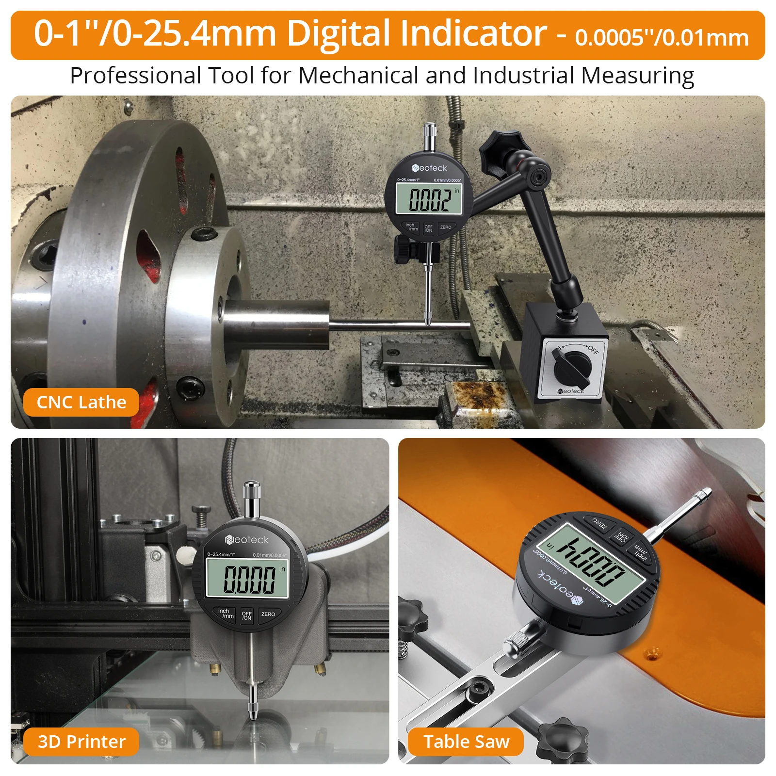 Neoteck DTI Digital Dial Indicator 0.01/0.0005\'\' Digital Probe Indicator Dial Test Gauge Range 0-25.4mm/1\'\' Dial Test Indicators