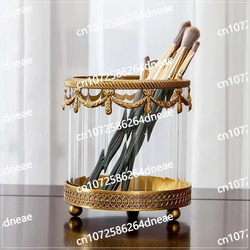 Brass glass round cosmetic cup simple engraved pen dresser surface light luxury storage bucket