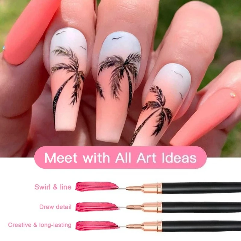 Premium Metallic Nail Art Brushes Set (5Pcs) with 1PC Display Stand - UV Gel Polish Painting Tools for Long Lines & Fine Details