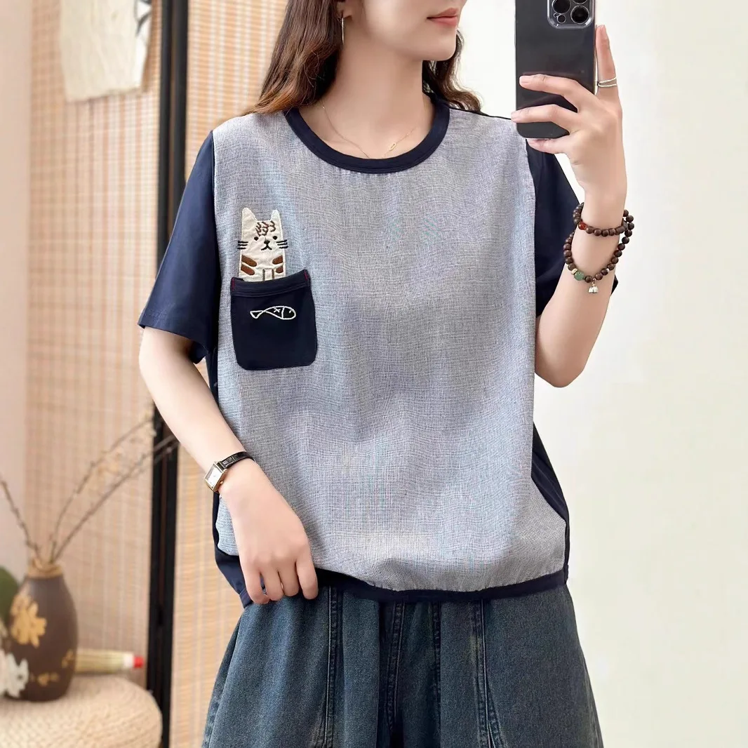 

Японские милые футболки с вышивкой в стиле пэчворк для девочек Mori, женские летние повседневные свободные пуловеры с круглым вырезом и короткими рукавами